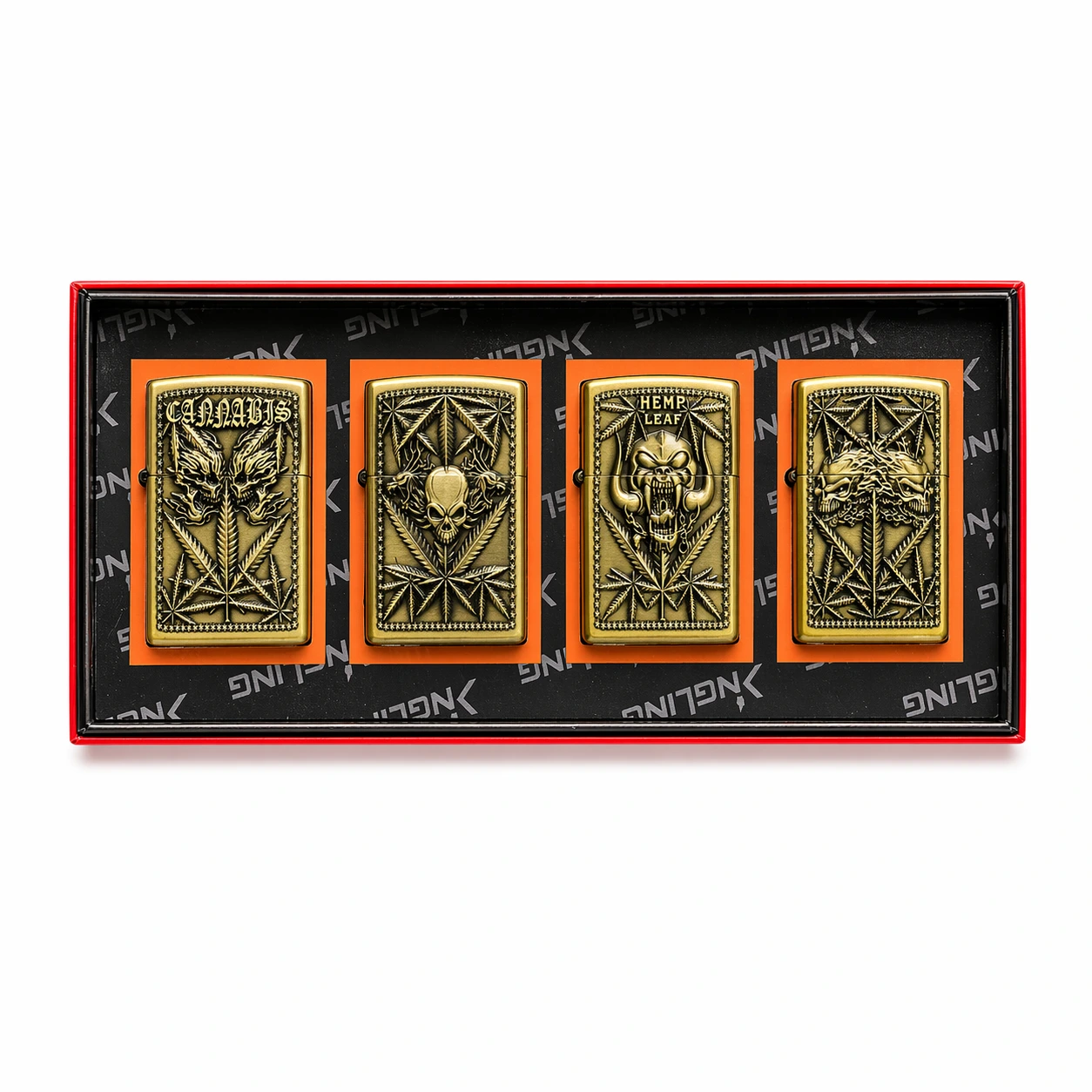 Jantai Vintage Gold Cannabis Leaf Skull Design Metal Windproof Lighter Set 4 Piece Collection