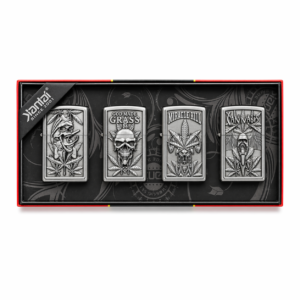Jantai Silver Engraved Skull Cannabis Design Metal Windproof Lighter Set 4 Piece Collection