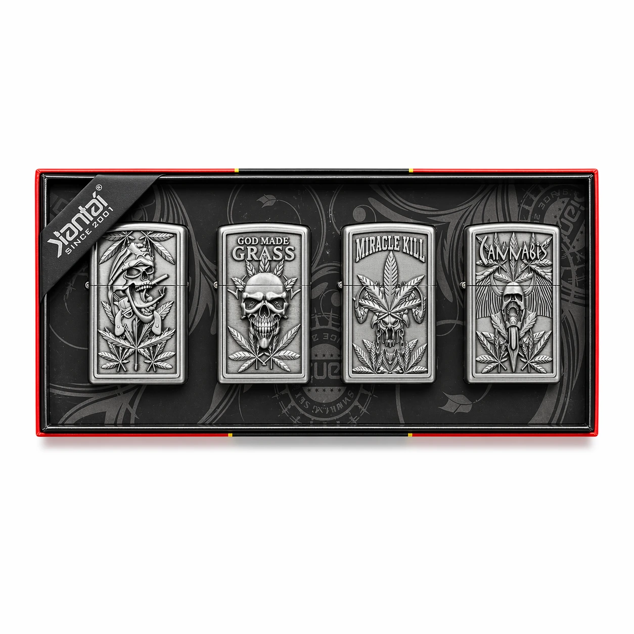 Jantai Silver Engraved Skull Cannabis Design Metal Windproof Lighter Set 4 Piece Collection