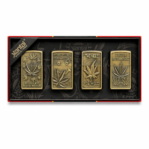 Jantai Antique Gold Cannabis Engraved Windproof Metal Lighter Set 4 Piece Collection