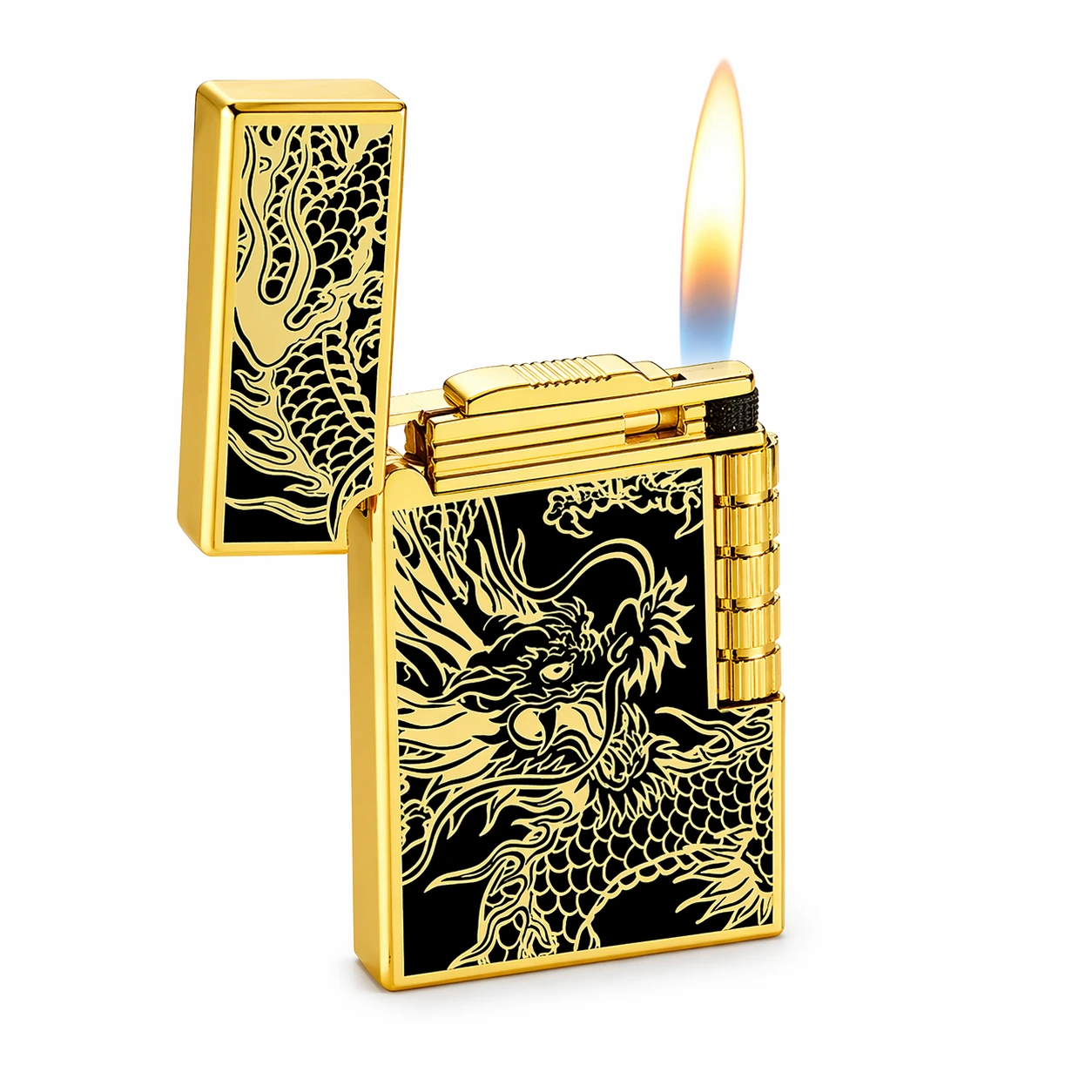 Luxury Dragon Engraved Gold Finish Metal Lighter Windproof Flame Design